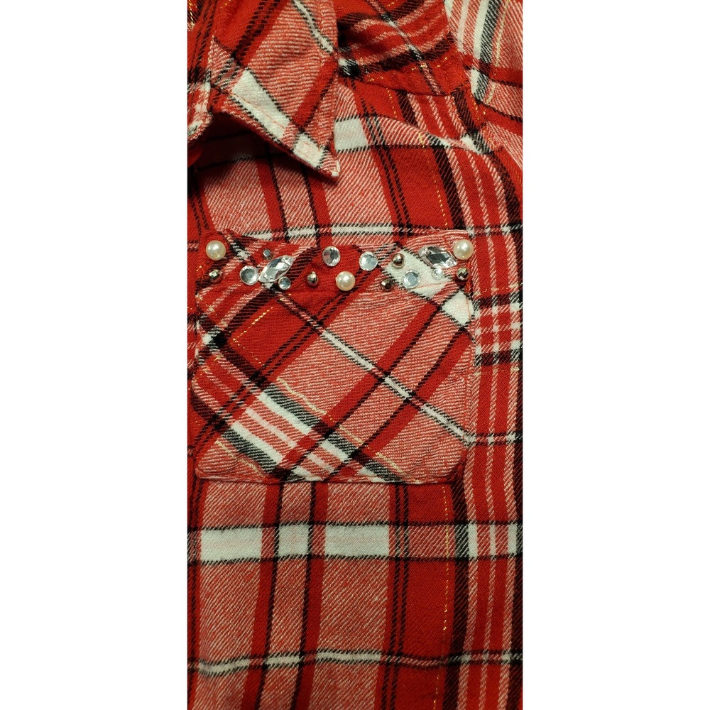 Justice Red Plaid Sparkle Flannel Shirt Kids Size 14 Embellished Pocket - Picture 5 of 8